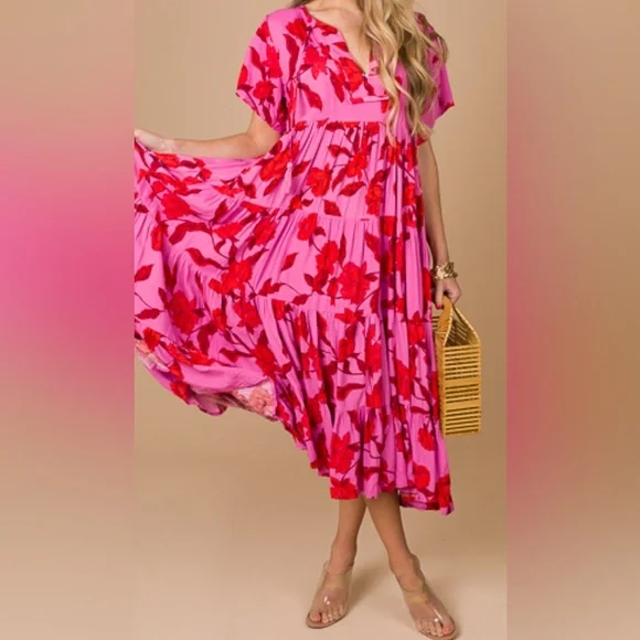 Karlie Stellar Pink and Red Floral Tiered Midi Dress - Picture 2 of 8